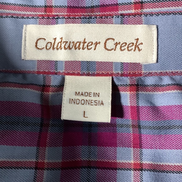 Coldwater Creek plaid, long sleeve,button-up shirt.  Blue, purple, red. Size L. - Picture 2 of 7